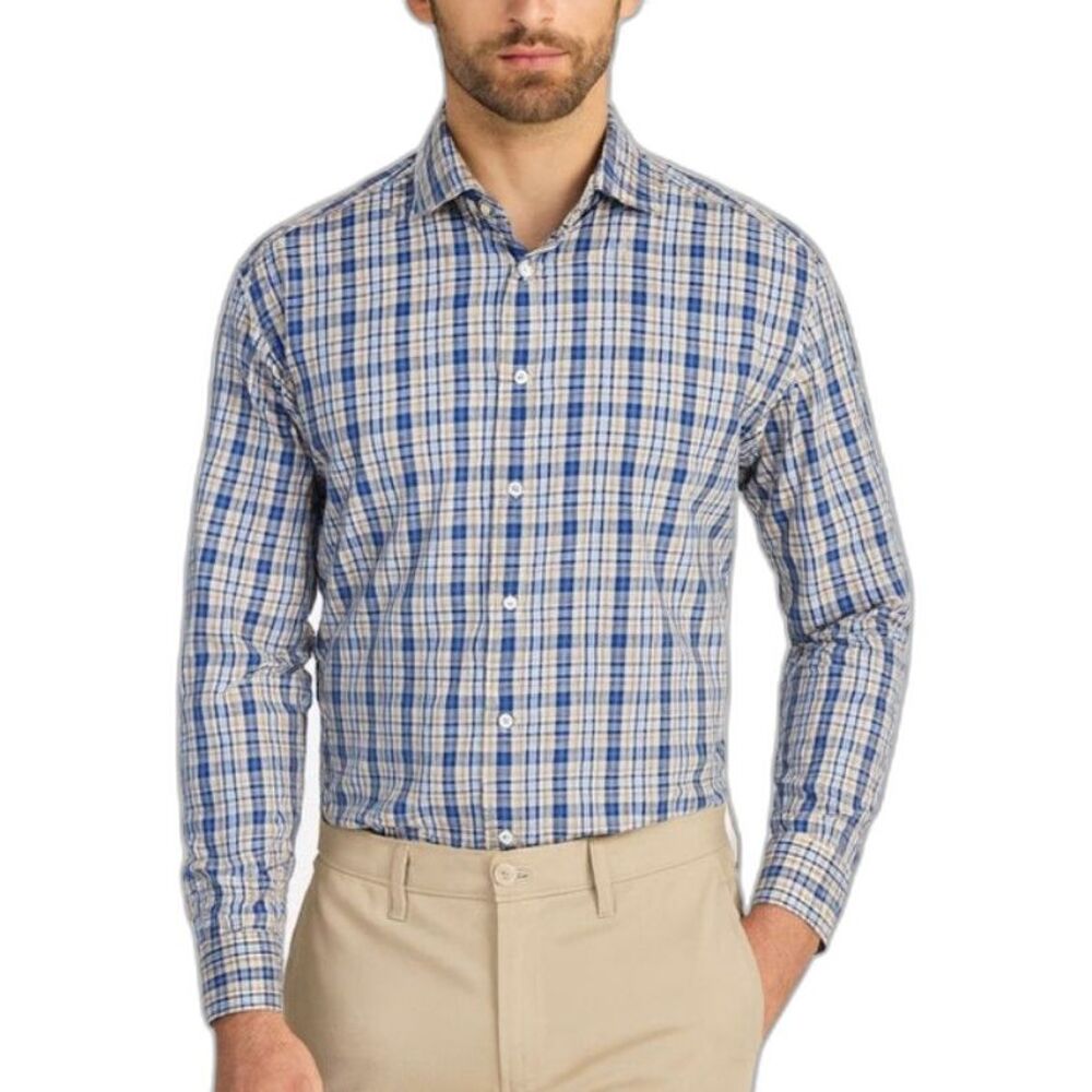 Peter Millar Men's Blue Brown White Plaid Cotton LS Button Front Shirt Sz XL